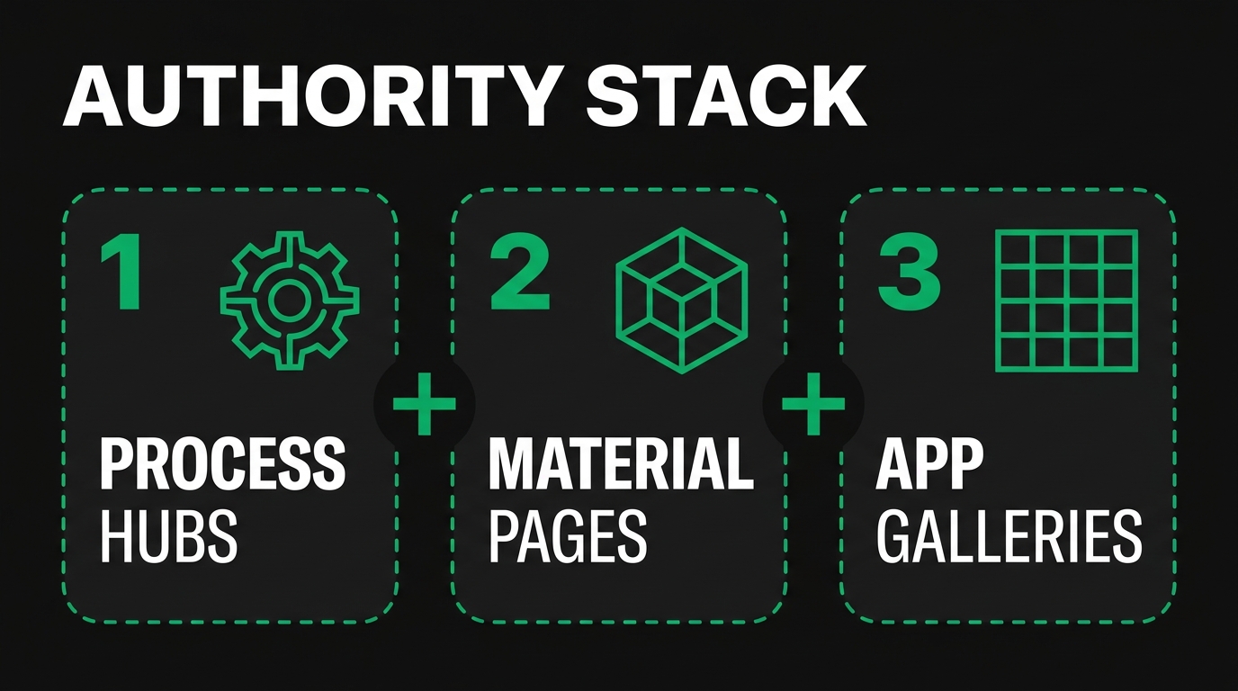 AM topical authority stack — process hubs, material pages, application galleries