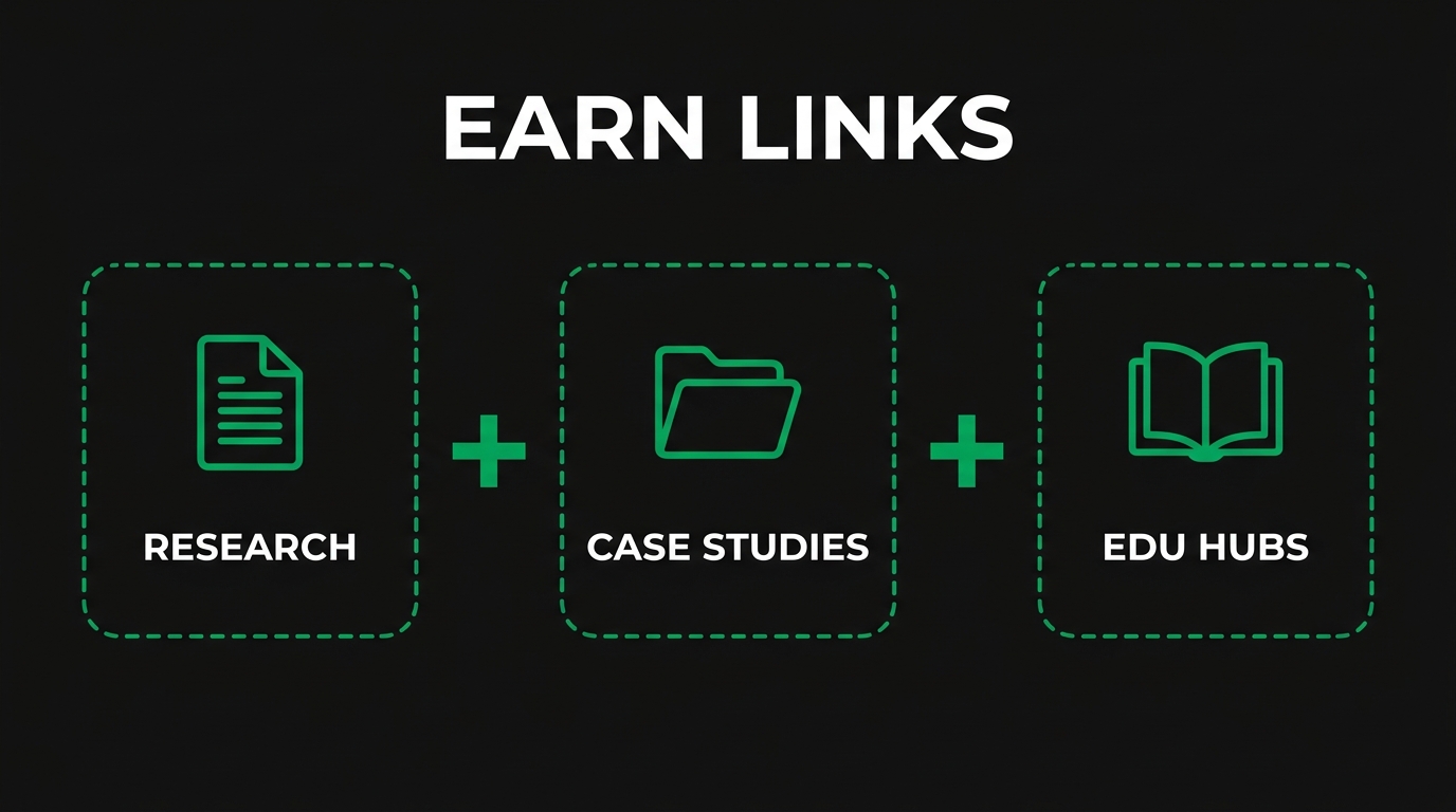 Three icon cards showing earn links with research, case studies, edu hubs