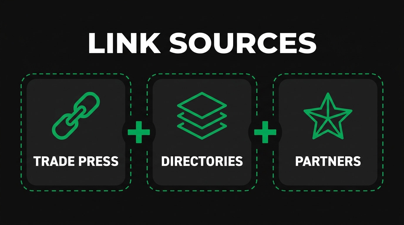 Three icon cards showing link sources with trade press, directories, partners