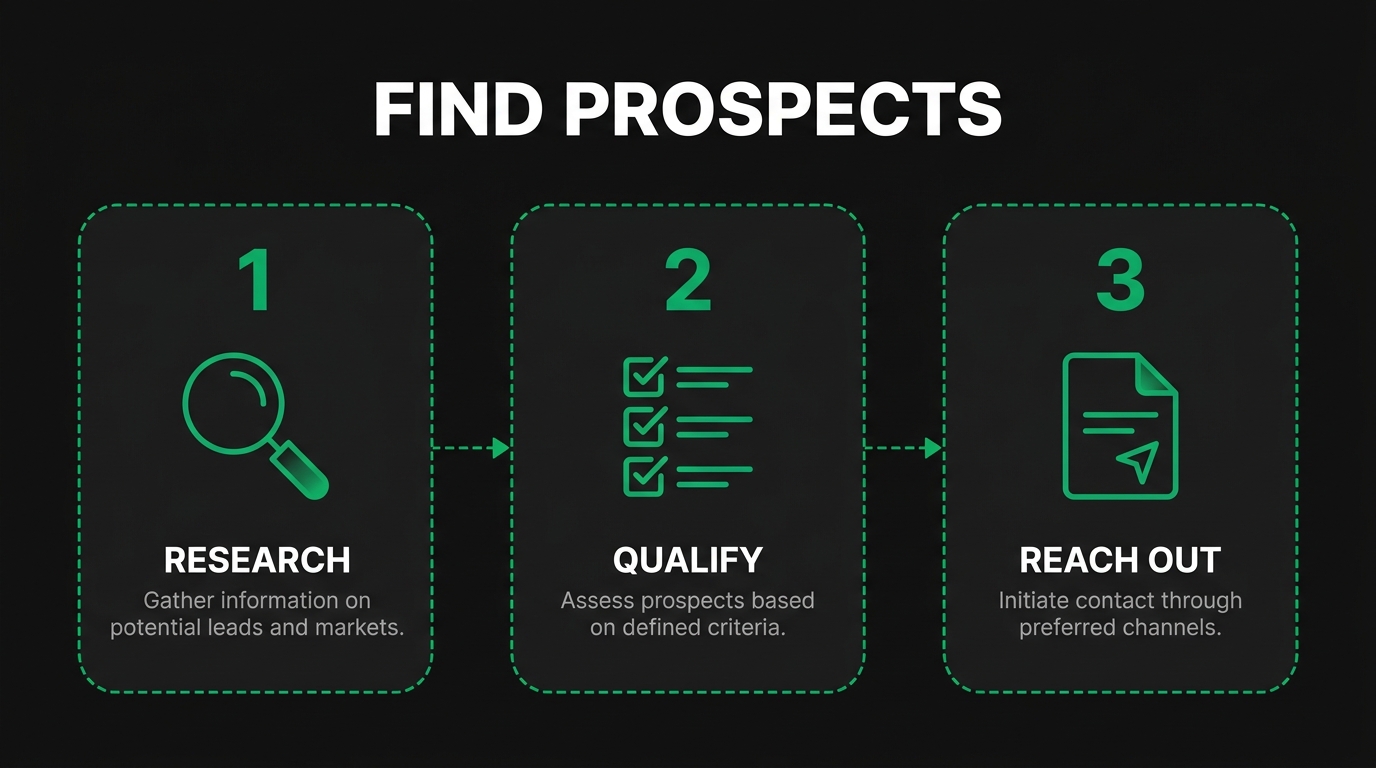Three-step diagram showing find prospects with research, qualify, reach out