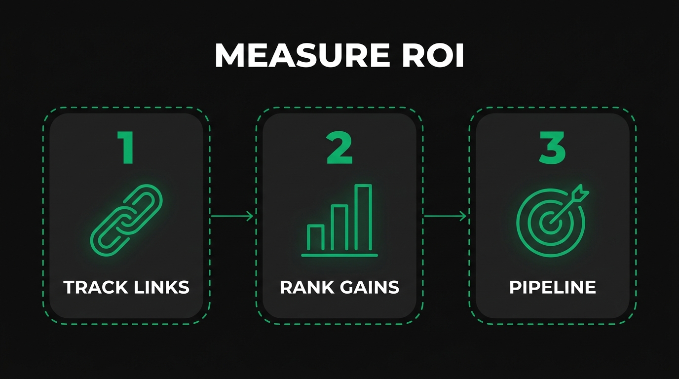 Three-step diagram showing measure roi with track links, rank gains, pipeline