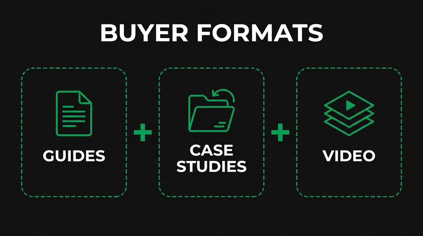 Three icon cards showing buyer formats with guides, case studies, video