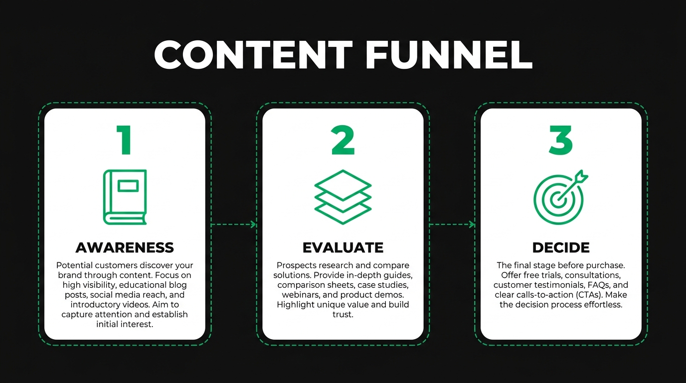 Three-step diagram showing content funnel with awareness, evaluate, decide