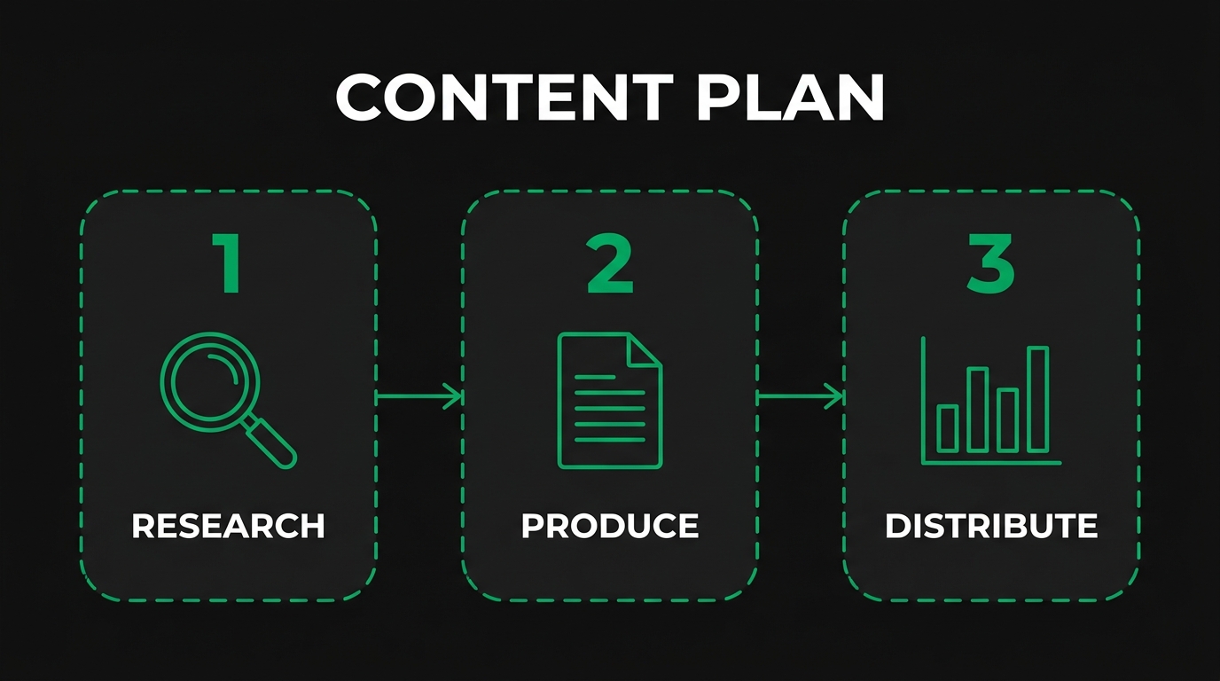 Three-step diagram showing content plan with research, produce, distribute