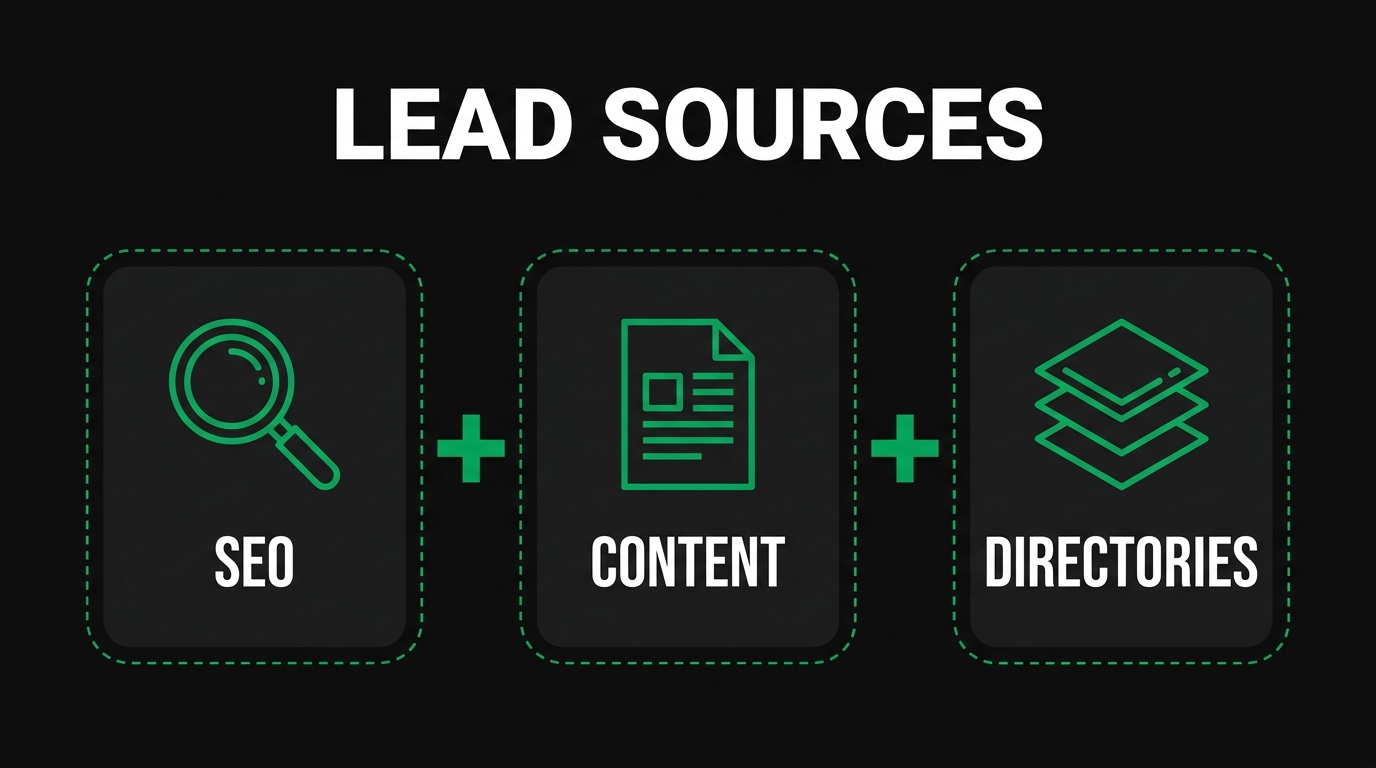 Three icon cards showing lead sources with seo, content, directories