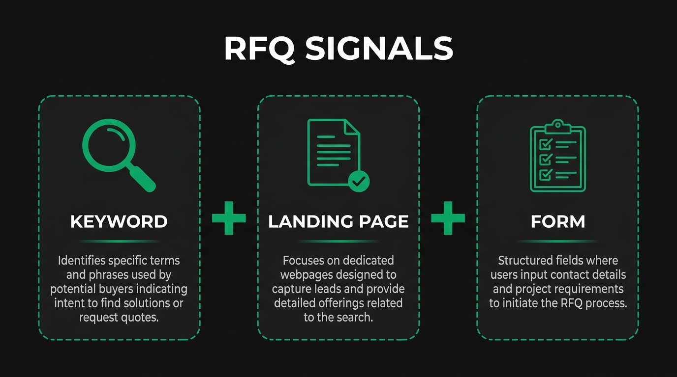 Three icon cards showing rfq signals with keyword, landing page, form
