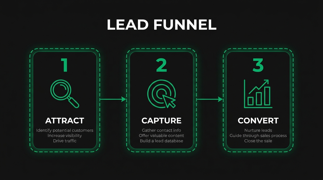 Three-step diagram showing lead funnel with attract, capture, convert
