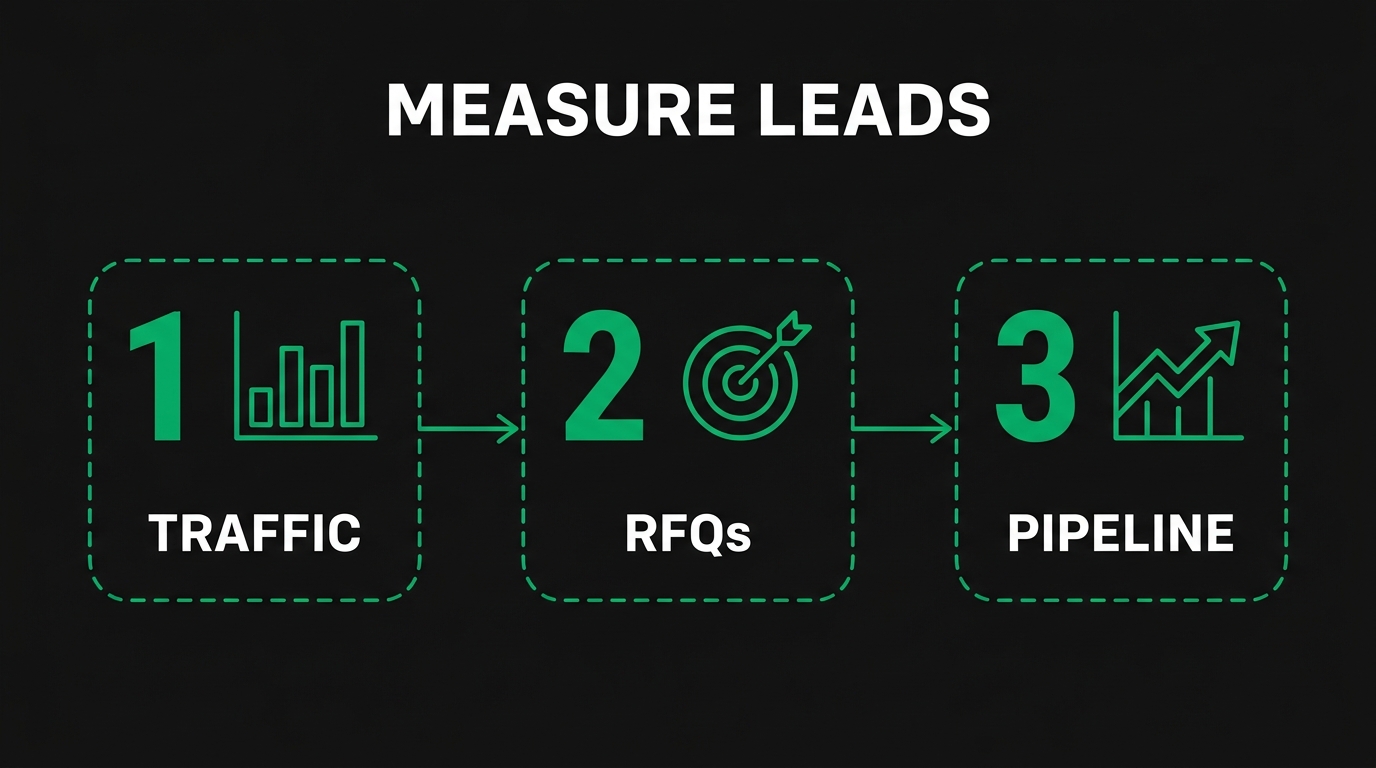 Three-step diagram showing measure leads with traffic, rfqs, pipeline