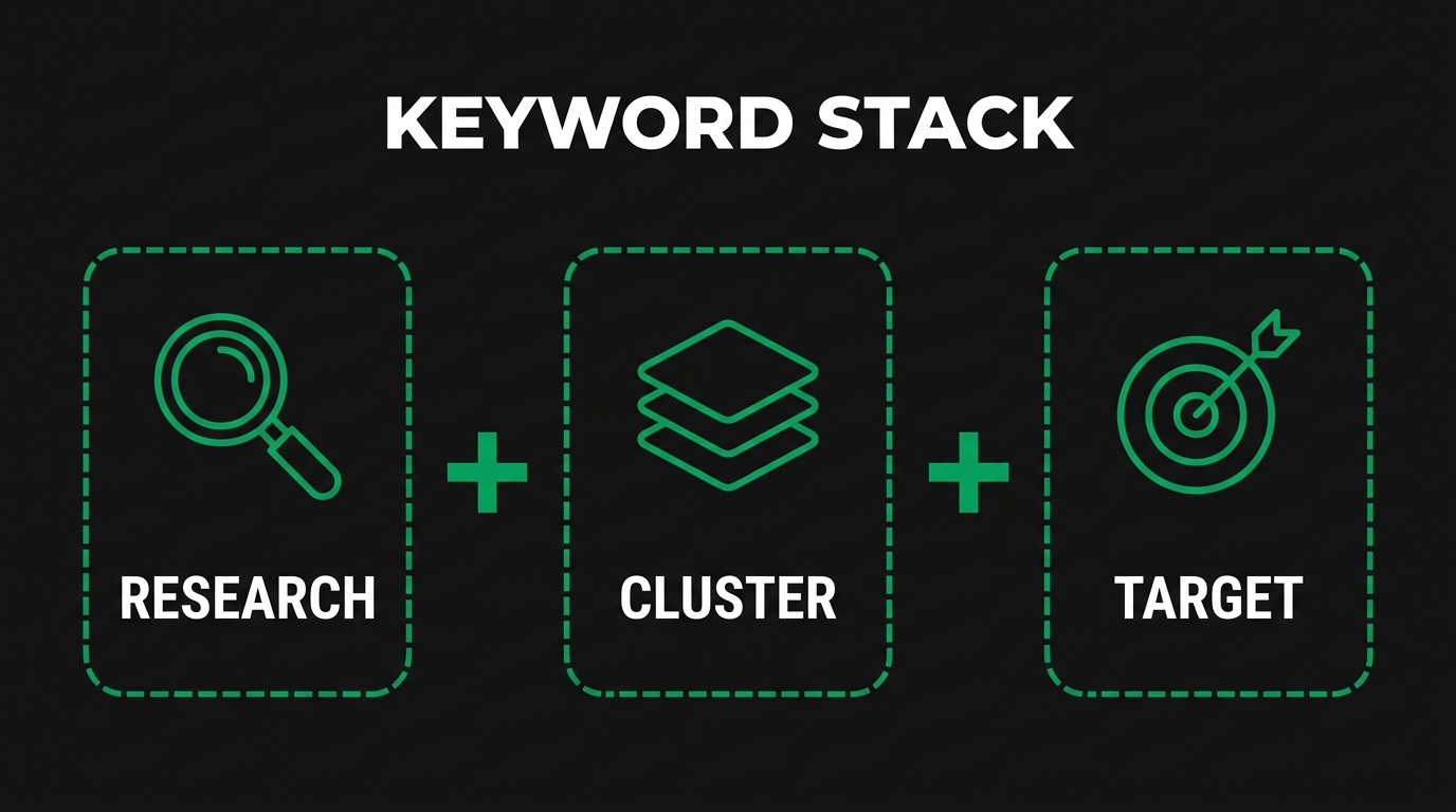 Three icon cards showing keyword stack with research, cluster, target