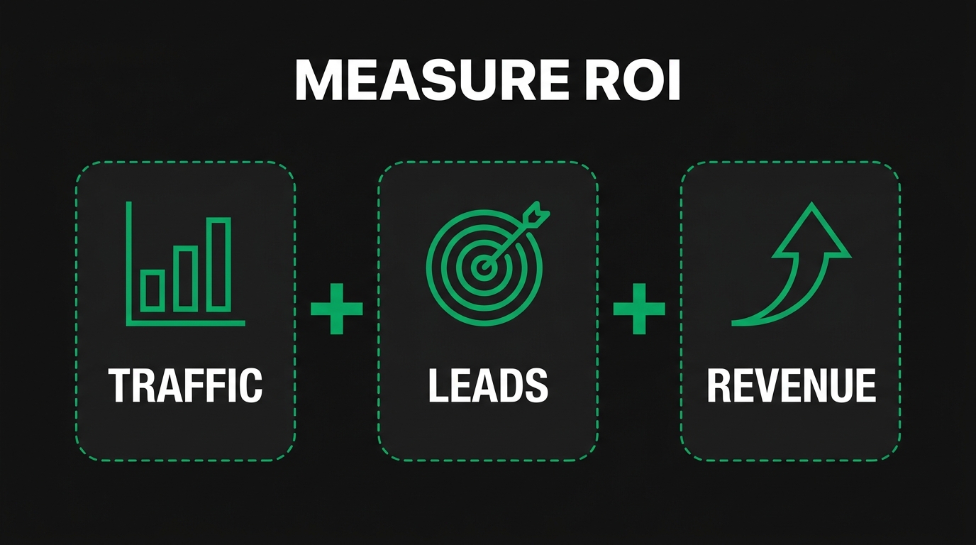 Three icon cards showing measure roi with traffic, leads, revenue