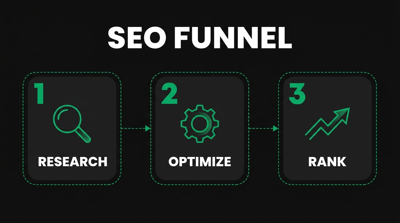 Three-step diagram showing seo funnel with research, optimize, rank