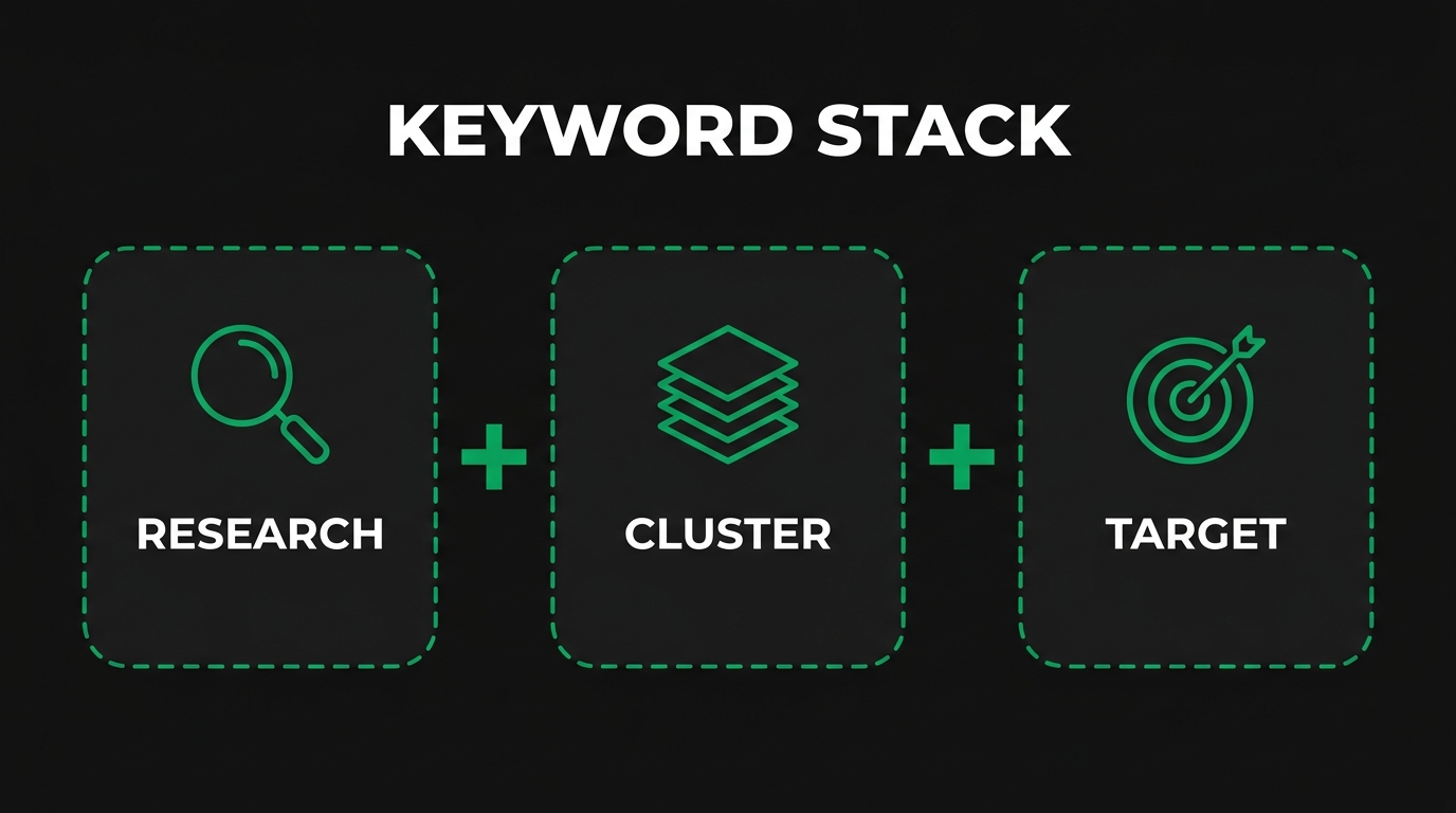 Three icon cards showing keyword stack with research, cluster, target