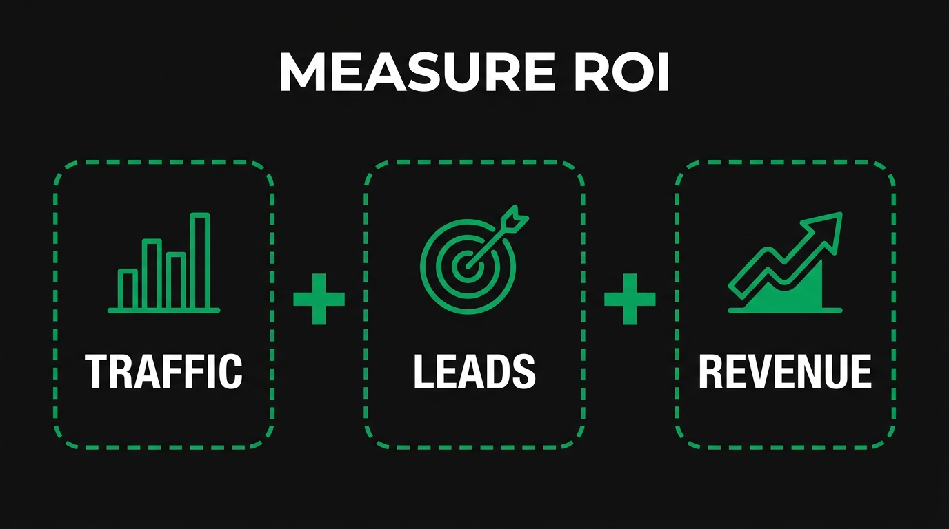 Three icon cards showing measure roi with traffic, leads, revenue
