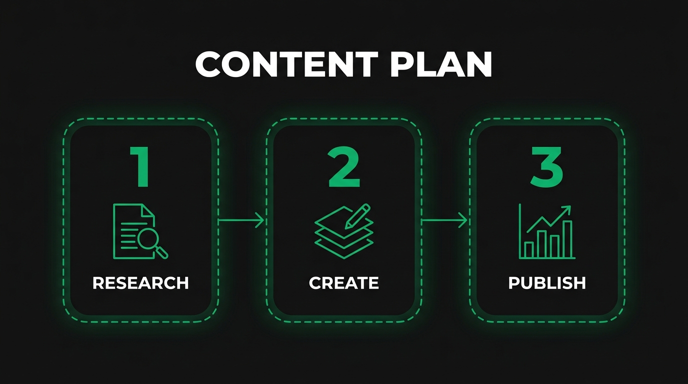 Three-step diagram showing content plan with research, create, publish