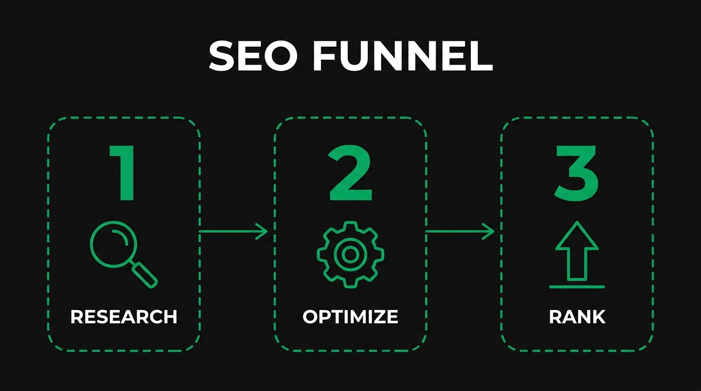 Three-step diagram showing seo funnel with research, optimize, rank