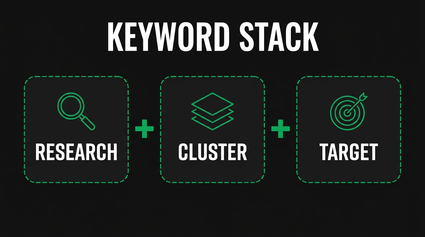 Three icon cards showing keyword stack with research, cluster, target
