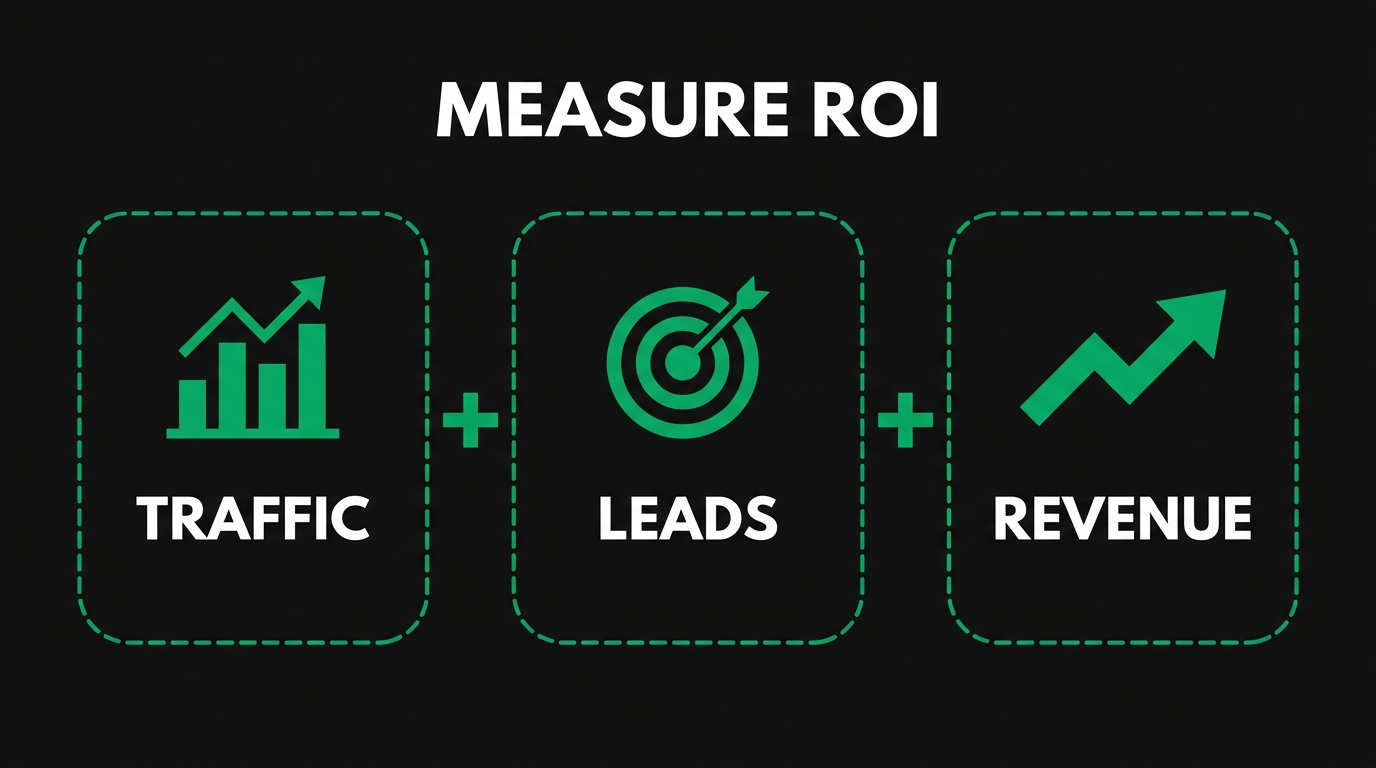 Three icon cards showing measure roi with traffic, leads, revenue