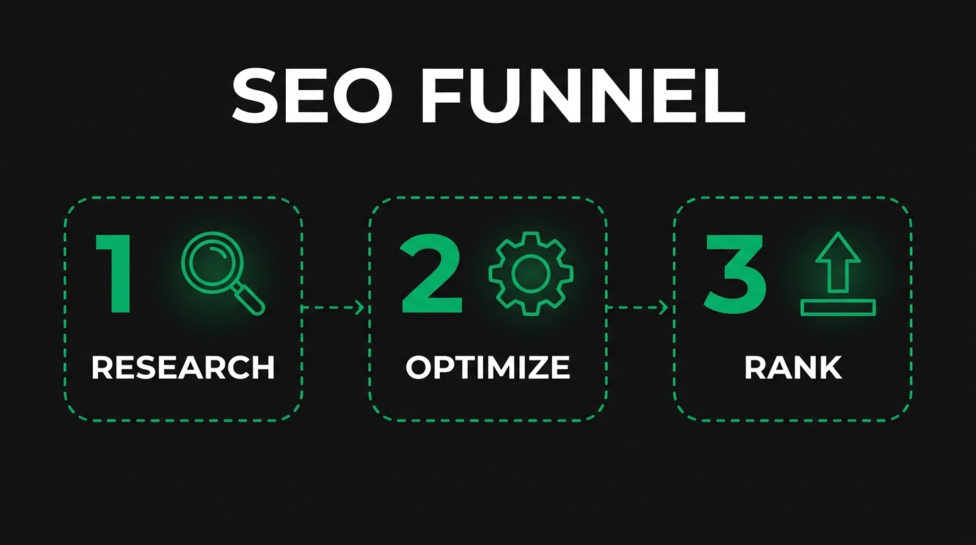 Three-step diagram showing seo funnel with research, optimize, rank