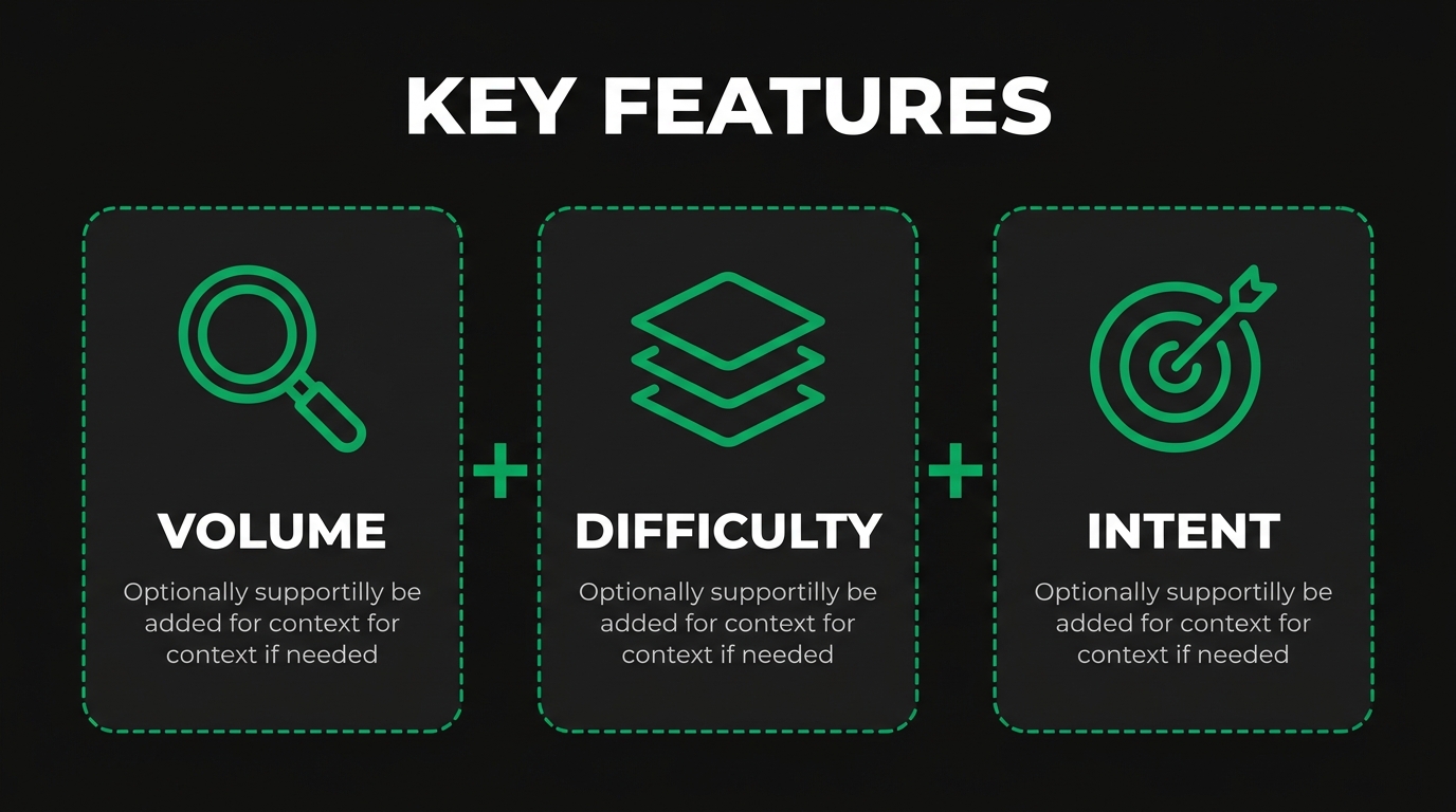 Three icon cards showing key features with volume, difficulty, intent
