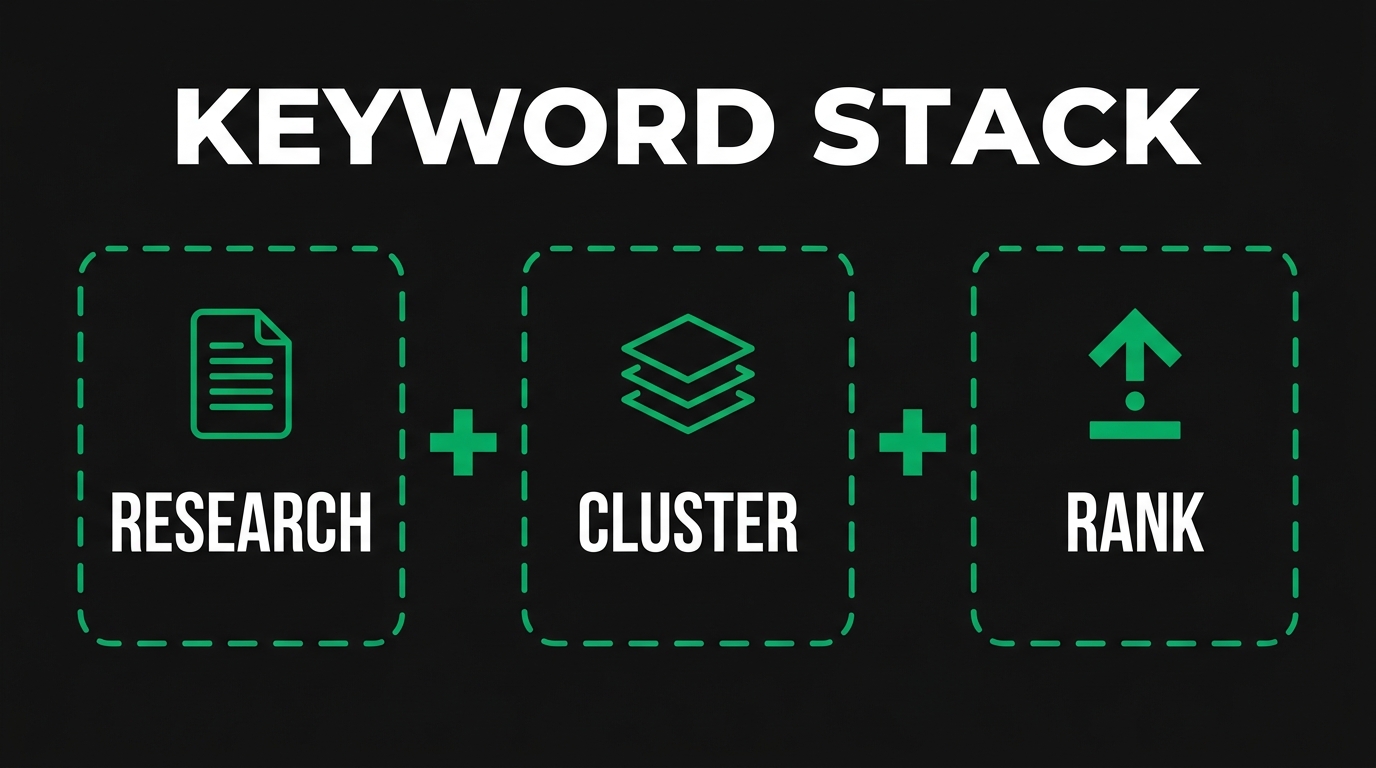 Three icon cards showing keyword stack with research, cluster, rank