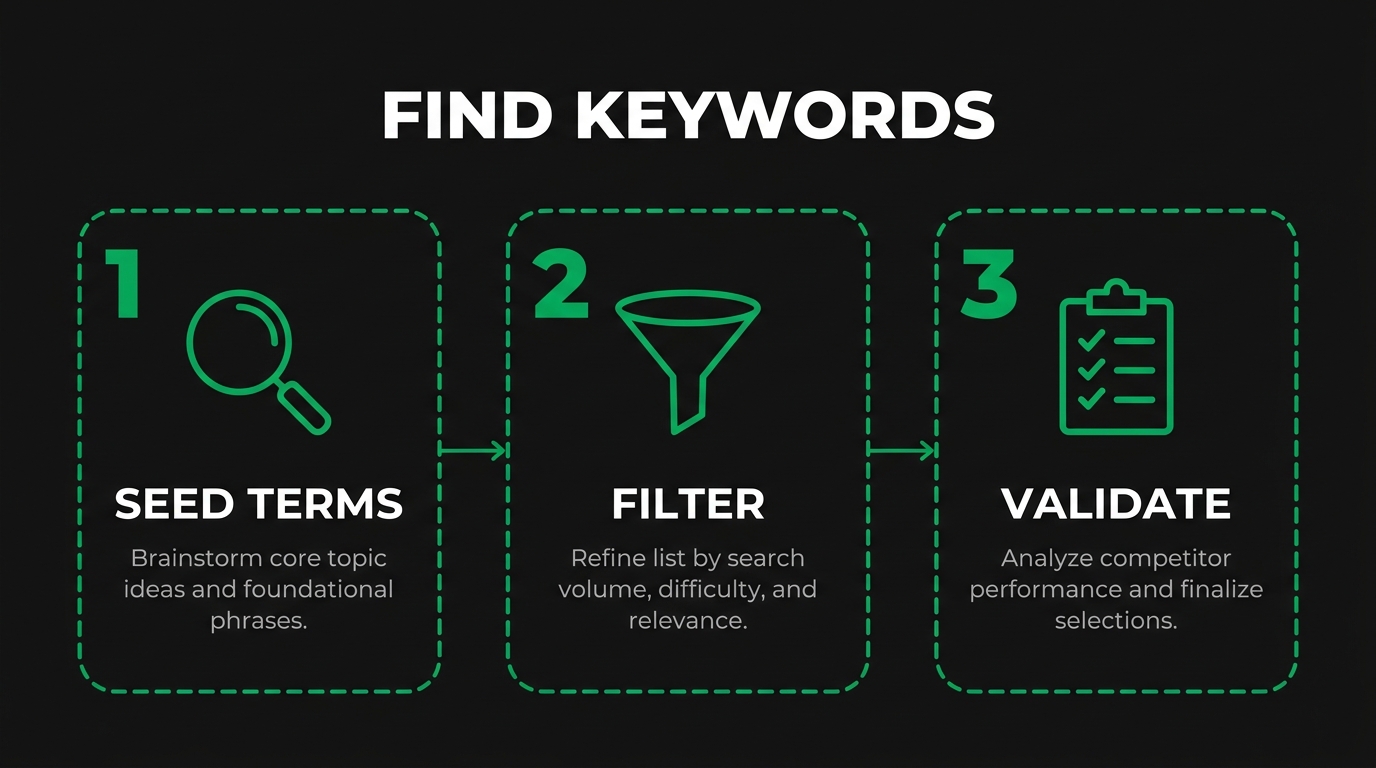 Three-step diagram showing find keywords with seed terms, filter, validate
