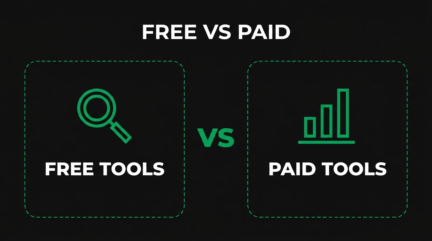 Side-by-side comparison showing free vs paid with free tools, paid tools