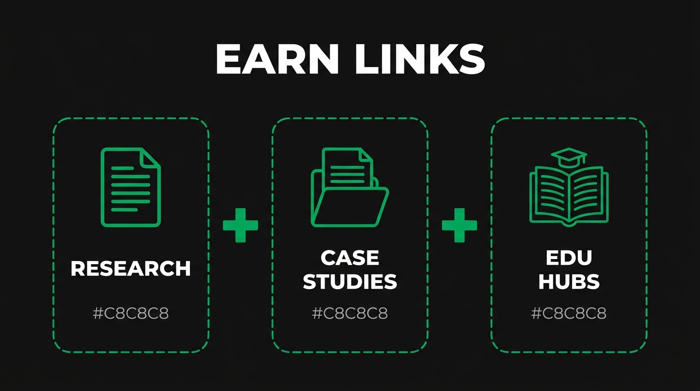 Three icon cards showing earn links with research, case studies, edu hubs