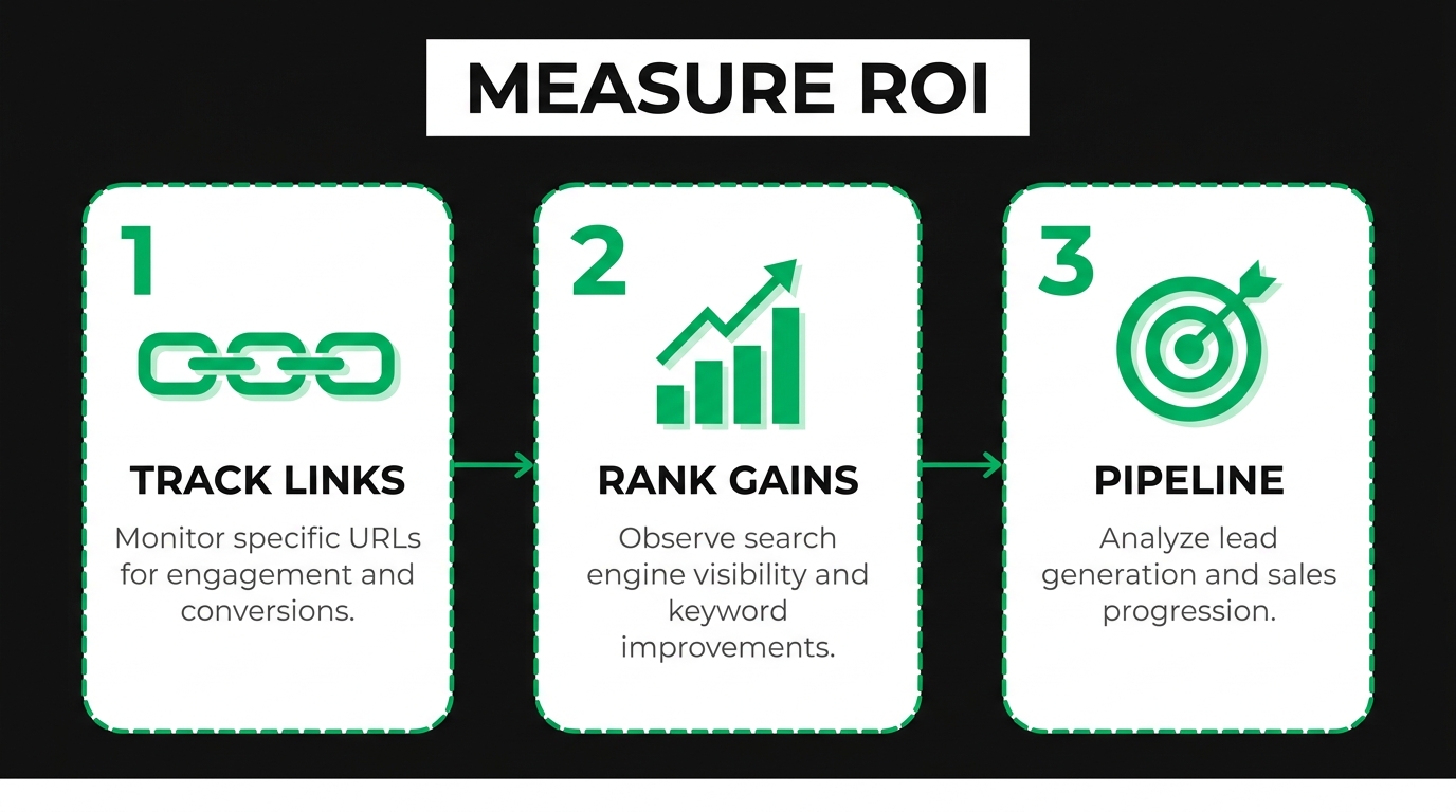 Three-step diagram showing measure roi with track links, rank gains, pipeline