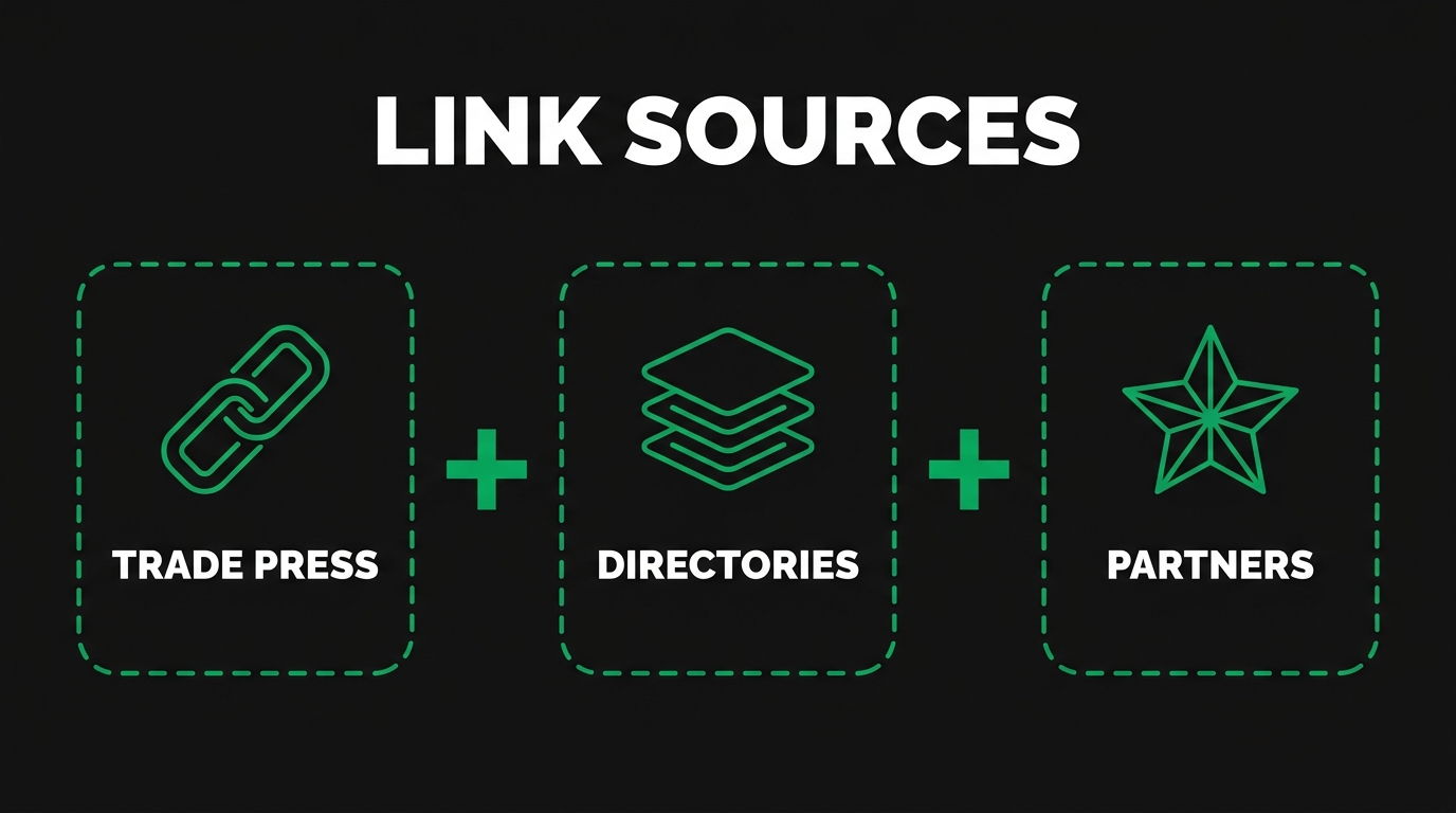 Three icon cards showing link sources with trade press, directories, partners