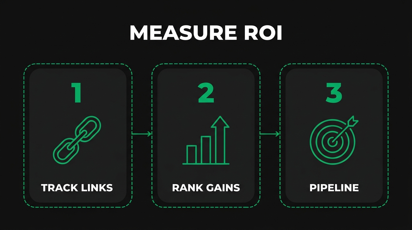 Three-step diagram showing measure roi with track links, rank gains, pipeline