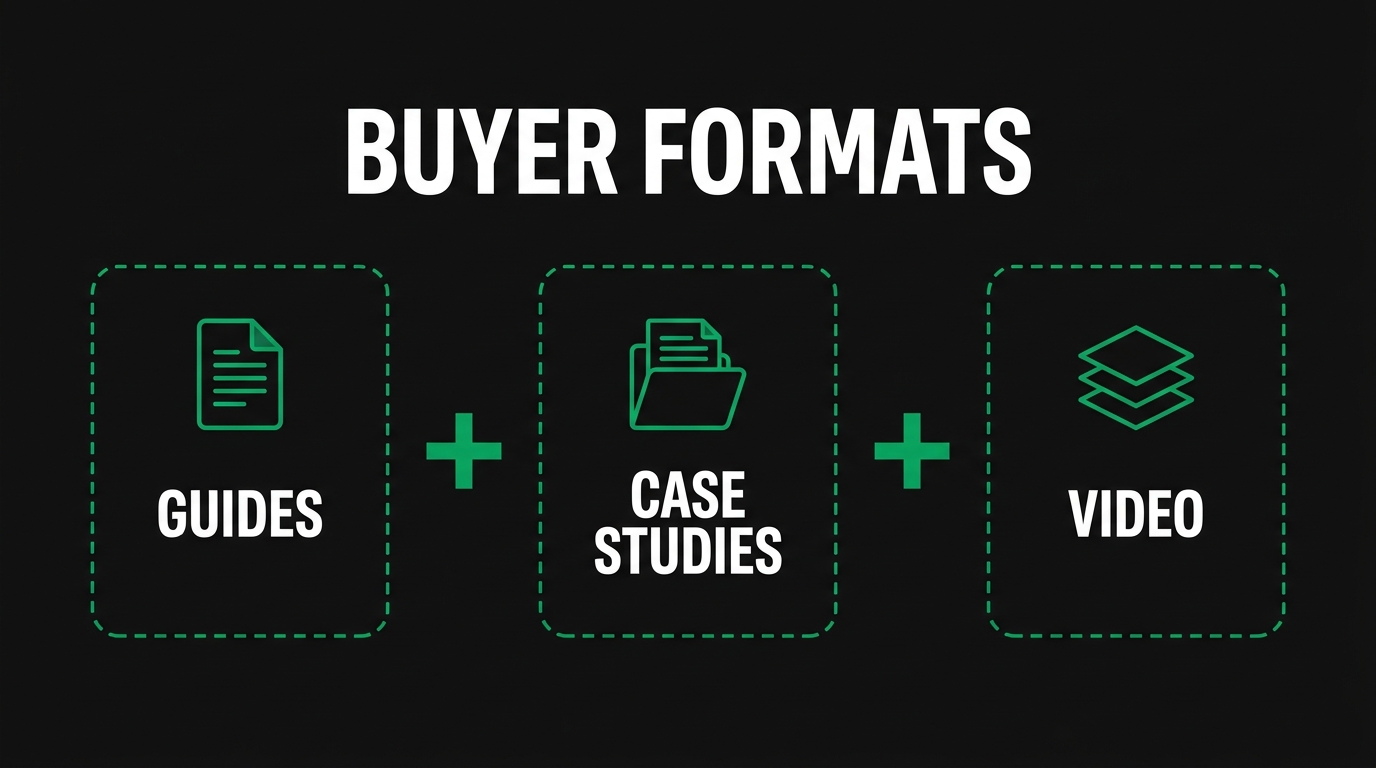 Three icon cards showing buyer formats with guides, case studies, video