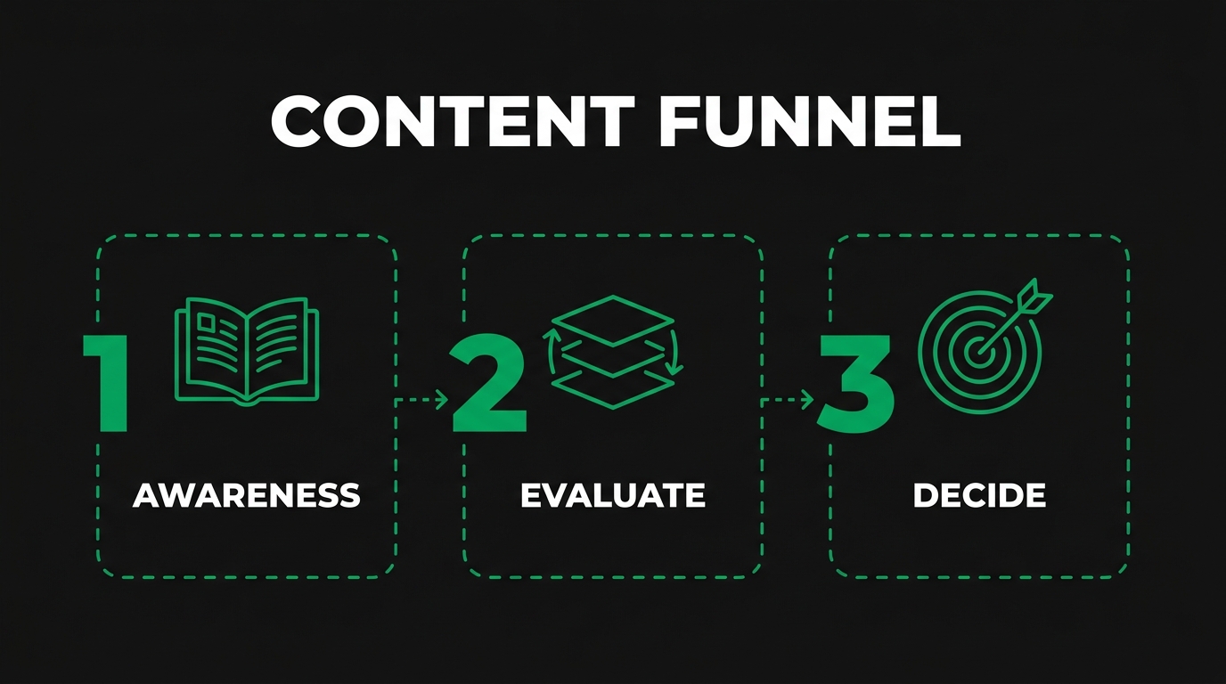 Three-step diagram showing content funnel with awareness, evaluate, decide