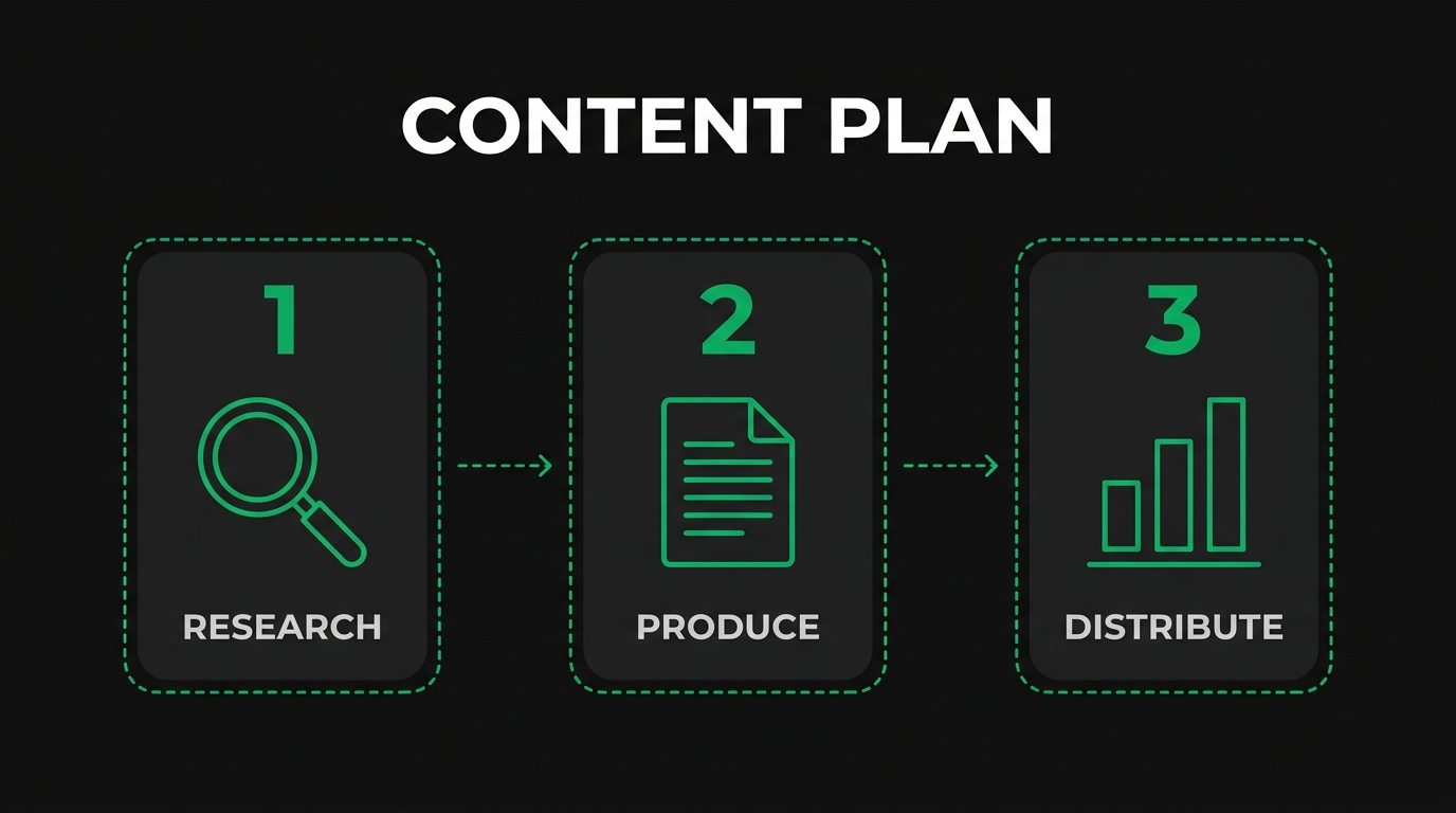 Three-step diagram showing content plan with research, produce, distribute