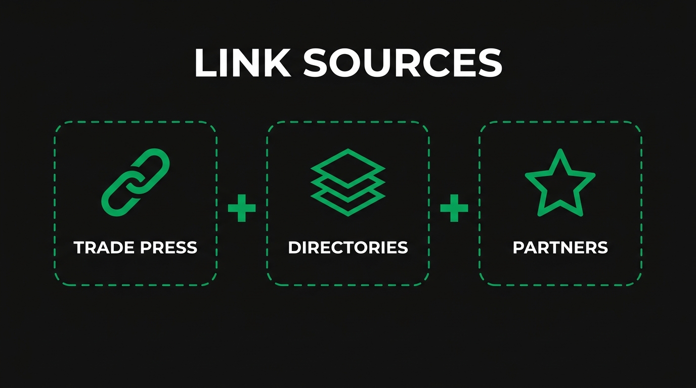 Three icon cards showing link sources with trade press, directories, partners