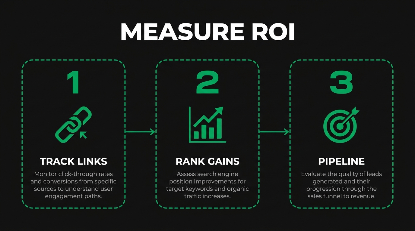 Three-step diagram showing measure roi with track links, rank gains, pipeline