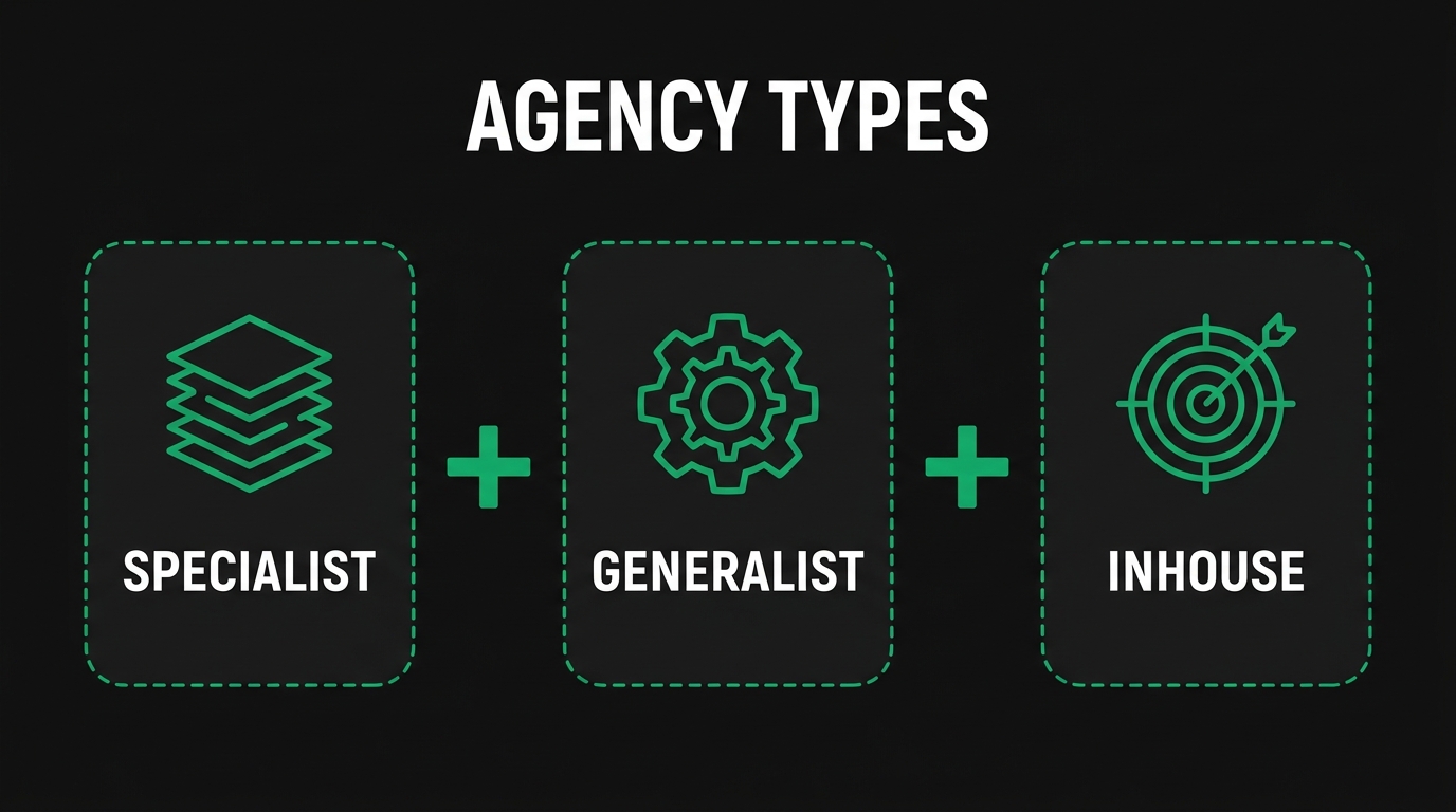 Three icon cards showing agency types with specialist, generalist, inhouse