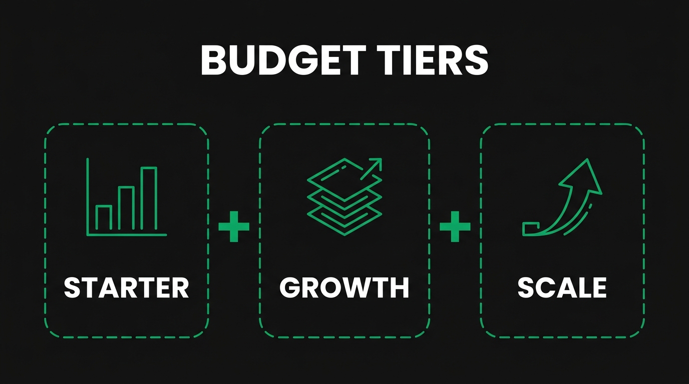 Three icon cards showing budget tiers with starter, growth, scale