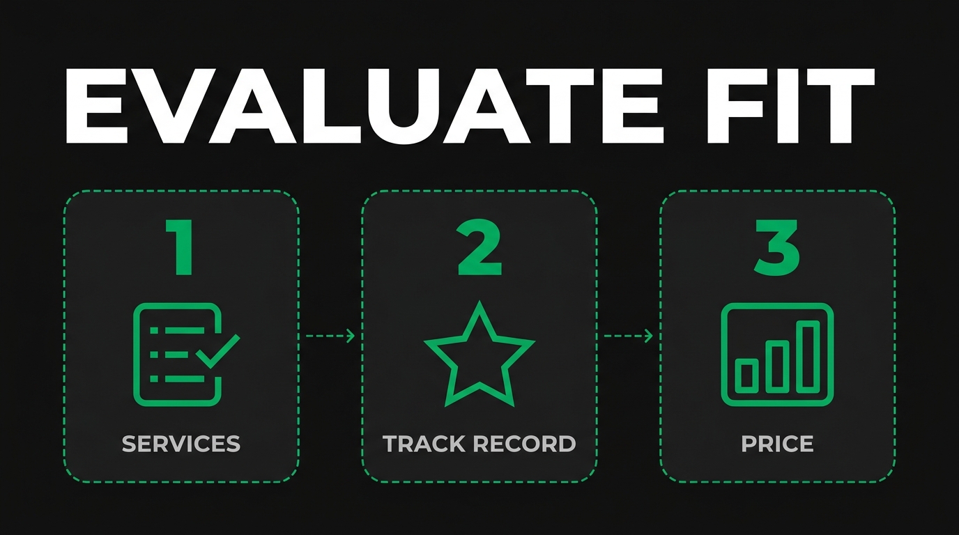 Three-step diagram showing evaluate fit with services, track record, price