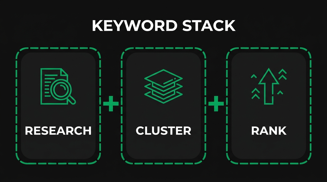 Three icon cards showing keyword stack with research, cluster, rank