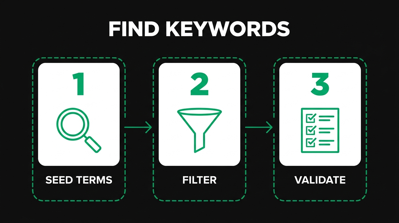 Three-step diagram showing find keywords with seed terms, filter, validate