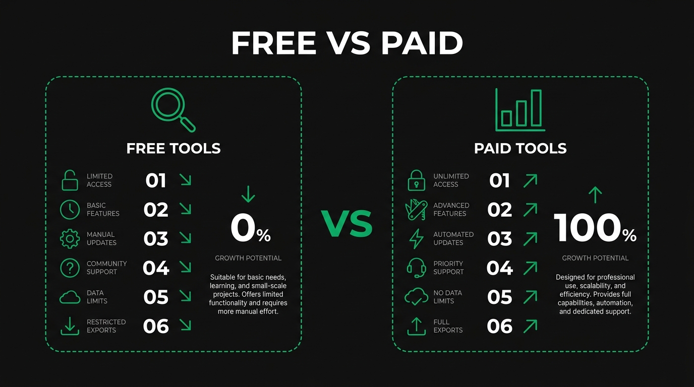 Side-by-side comparison showing free vs paid with free tools, paid tools