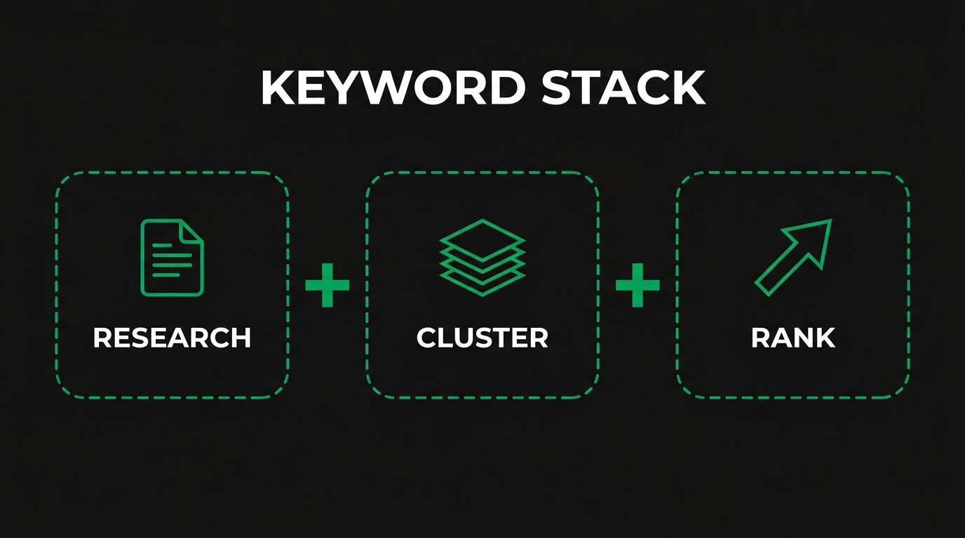 Three icon cards showing keyword stack with research, cluster, rank