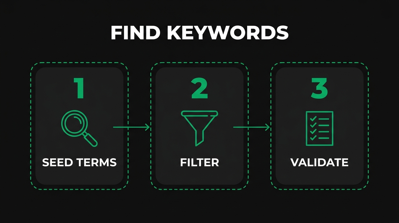 Three-step diagram showing find keywords with seed terms, filter, validate