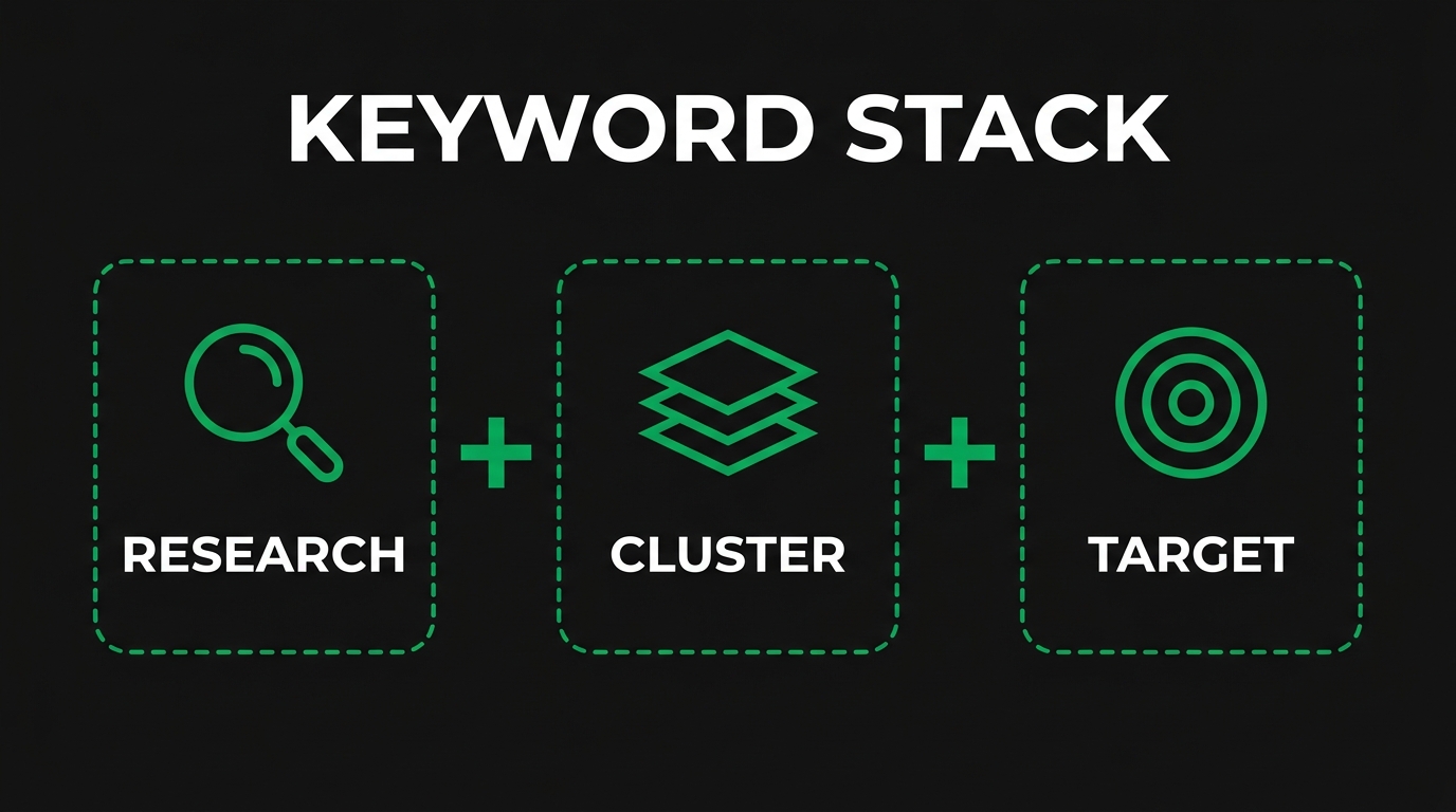 Three icon cards showing keyword stack with research, cluster, target