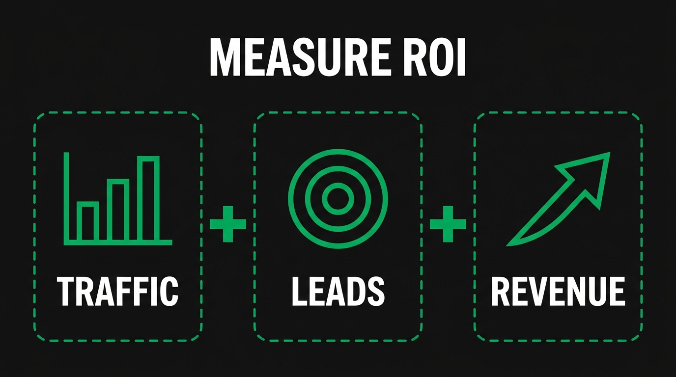 Three icon cards showing measure roi with traffic, leads, revenue