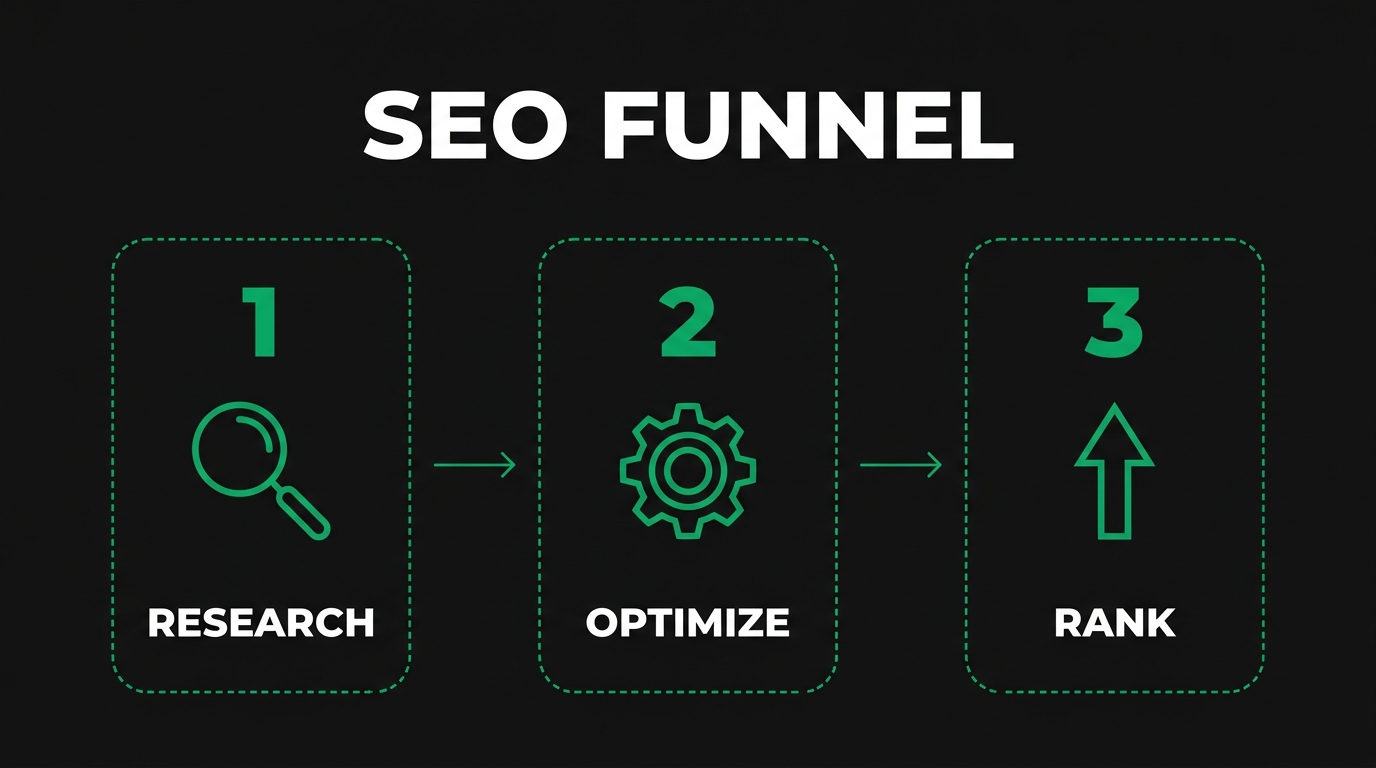 Three-step diagram showing seo funnel with research, optimize, rank
