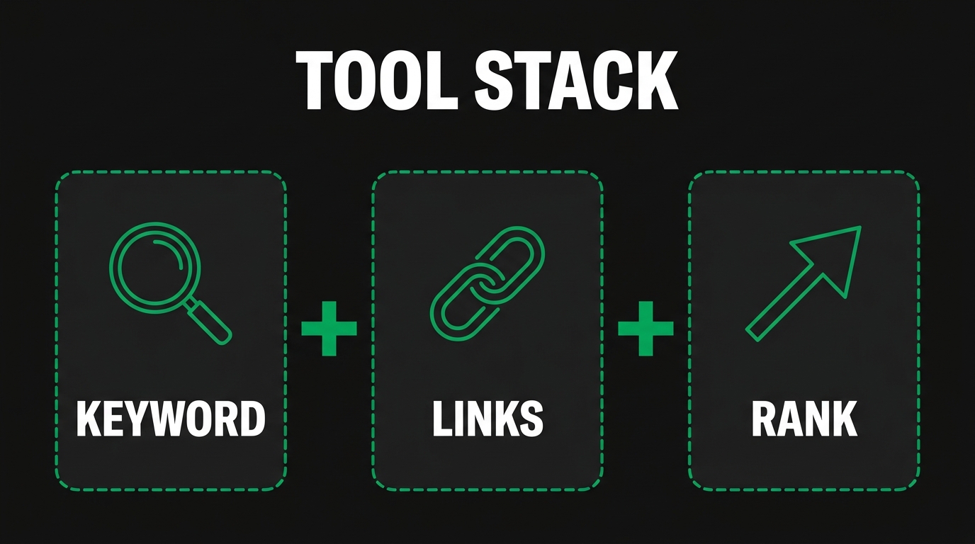 Three icon cards showing tool stack with keyword, links, rank