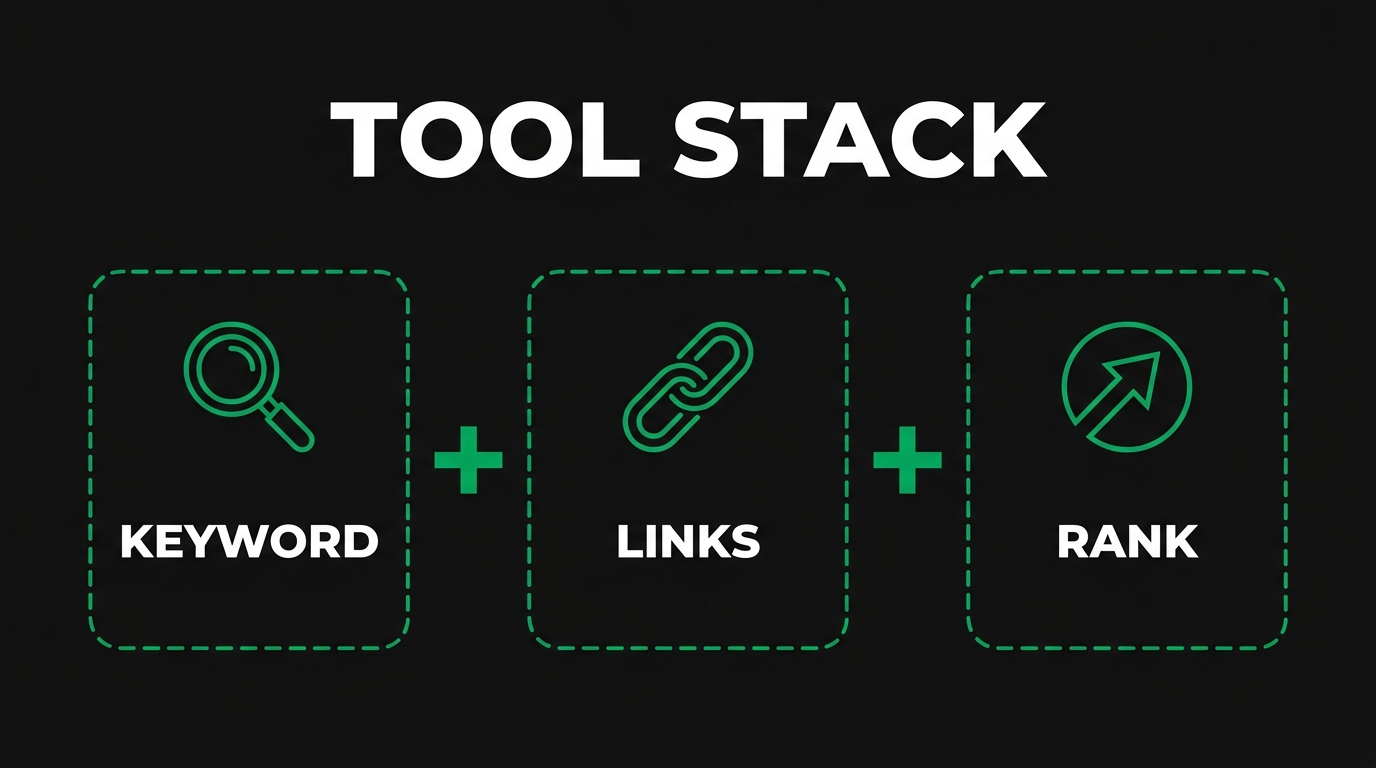 Three icon cards showing tool stack with keyword, links, rank