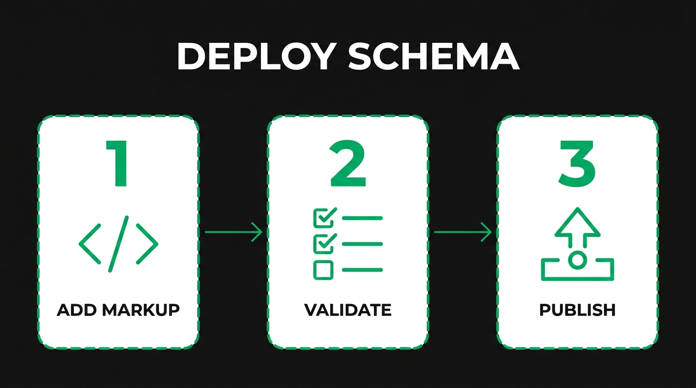 Three-step diagram showing deploy schema with add markup, validate, publish