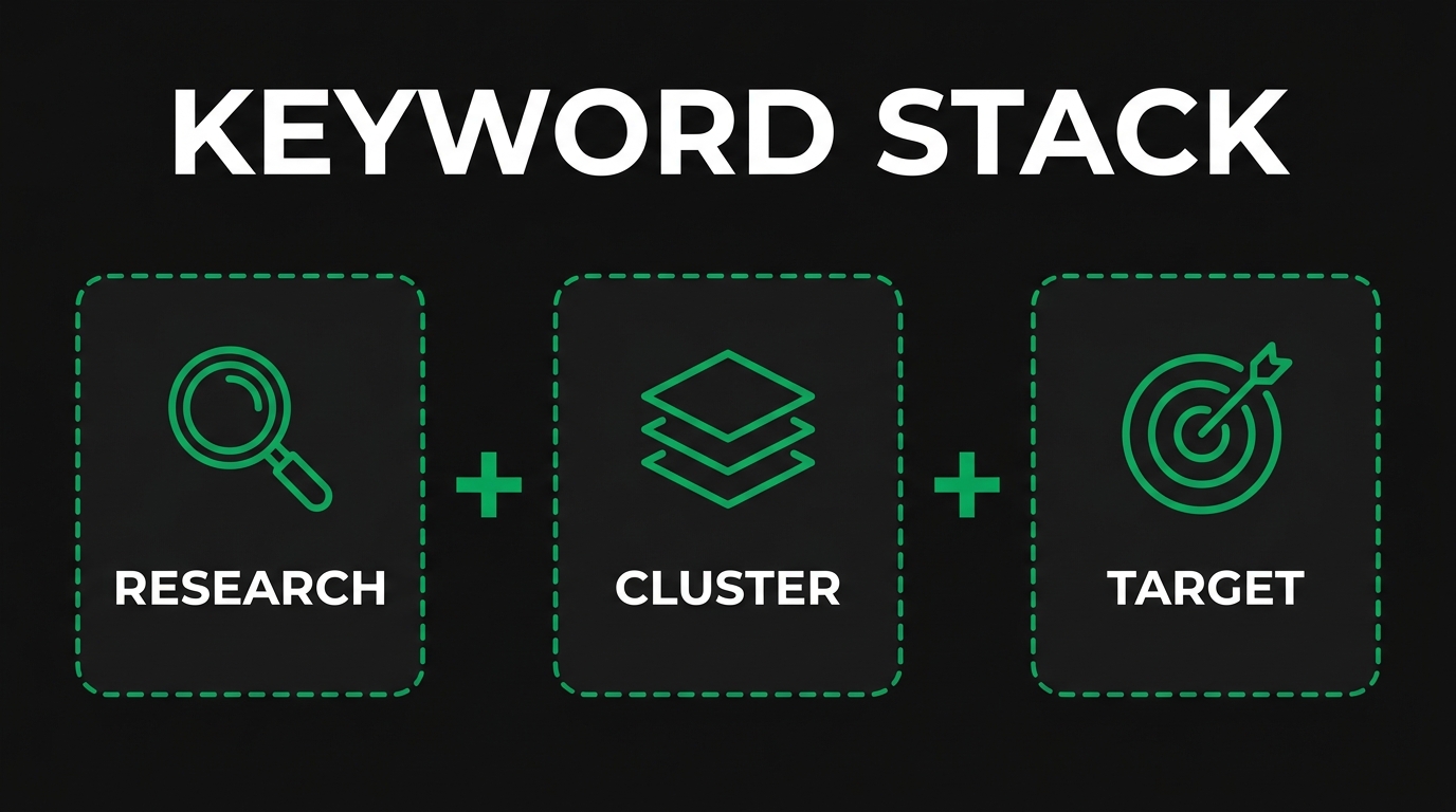 Three icon cards showing keyword stack with research, cluster, target